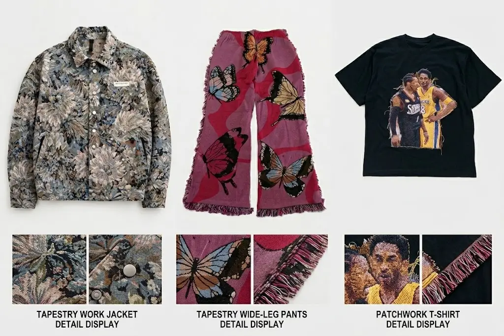 Streetwear garments made from custom jacquard tapestry fabric