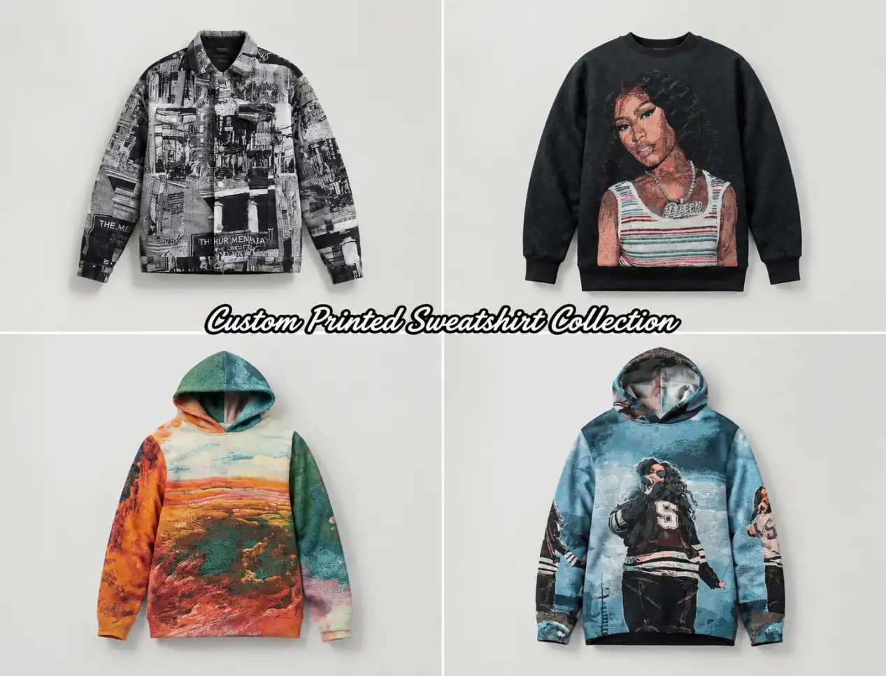 Complete custom tapestry streetwear collection on model