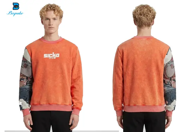 Custom Acid Wash Crewneck Sweatshirt with Woven Tapestry Sleeves