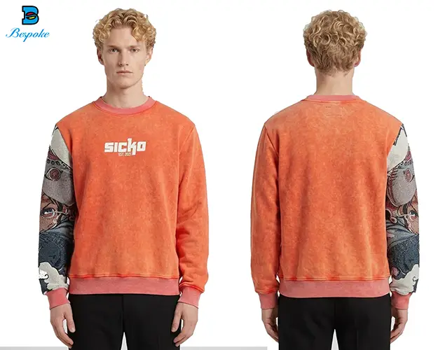 Custom Acid Wash Crewneck Sweatshirt with Woven Tapestry Sleeves