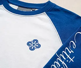 Color-blocked raglan design with flatlock stitching