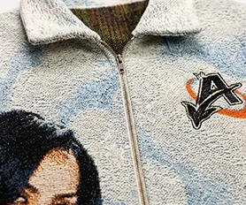 Metal zipper teeth, dense letter embroidery patch