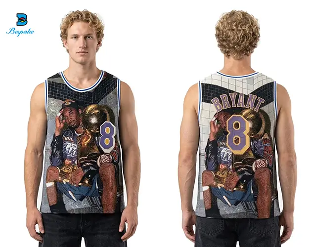 Custom Heavyweight Jacquard Tapestry Basketball Jersey with Striped Rib Trim