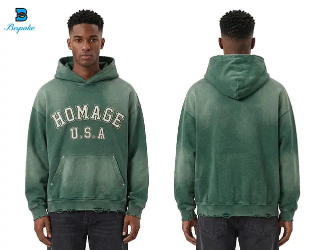 Custom Vintage Acid-Washed Distressed Fleece Hoodie with Chenille Applique Embroidery