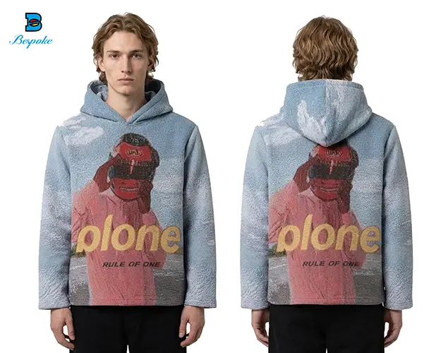 Custom Heavyweight Woven Tapestry Pullover Hoodie with Contrast Satin-Lined Hood
