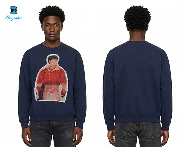 Custom Heavyweight Fleece Crewneck Sweatshirt with Frayed Tapestry Applique Patch