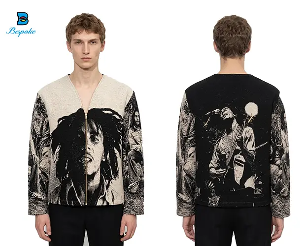 Custom Heavyweight Jacquard Woven Zip-Up Cardigan Jacket with Collarless V-Neck