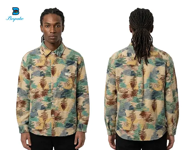 Custom Heavyweight Woven Tapestry Button-Up Long Sleeve Shirt with Chest Pocket