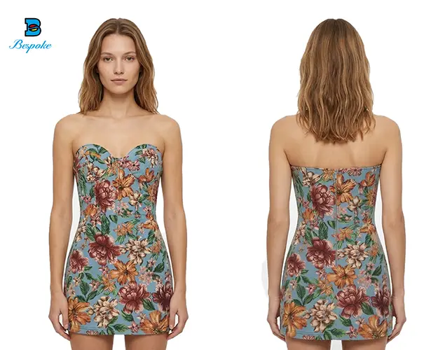 Custom Vintage Floral Jacquard Tapestry Bustier Mini Dress with Boned Corset Bodice