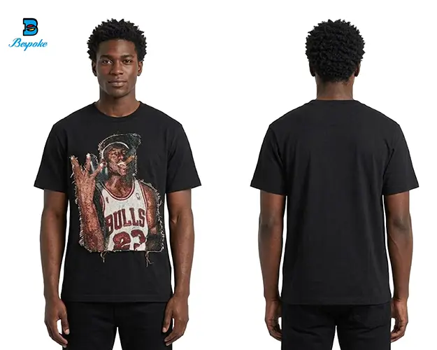 Custom Heavyweight Vintage Black Cotton T-Shirt with Raw-Edge Woven Tapestry Patch