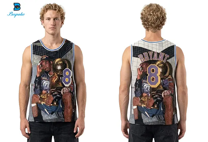 Custom Heavyweight Jacquard Tapestry Basketball Jersey with Striped Rib Trim