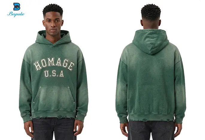 Custom Vintage Acid-Washed Distressed Fleece Hoodie with Chenille Applique Embroidery