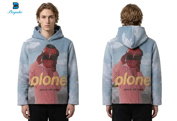 Custom Heavyweight Woven Tapestry Pullover Hoodie with Contrast Satin-Lined Hood