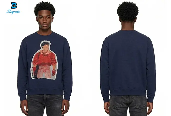 Custom Heavyweight Fleece Crewneck Sweatshirt with Frayed Tapestry Applique Patch