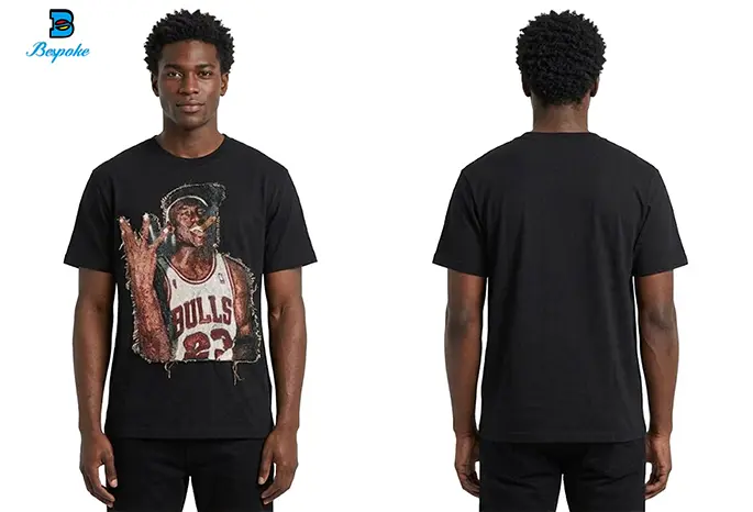 Custom Heavyweight Vintage Black Cotton T-Shirt with Raw-Edge Woven Tapestry Patch